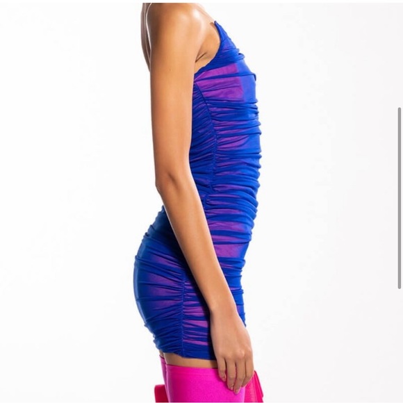 Blue Overlay For the Pink Underlay Ruched & Meshed Bodycon Mini Dress - Picture 5 of 6